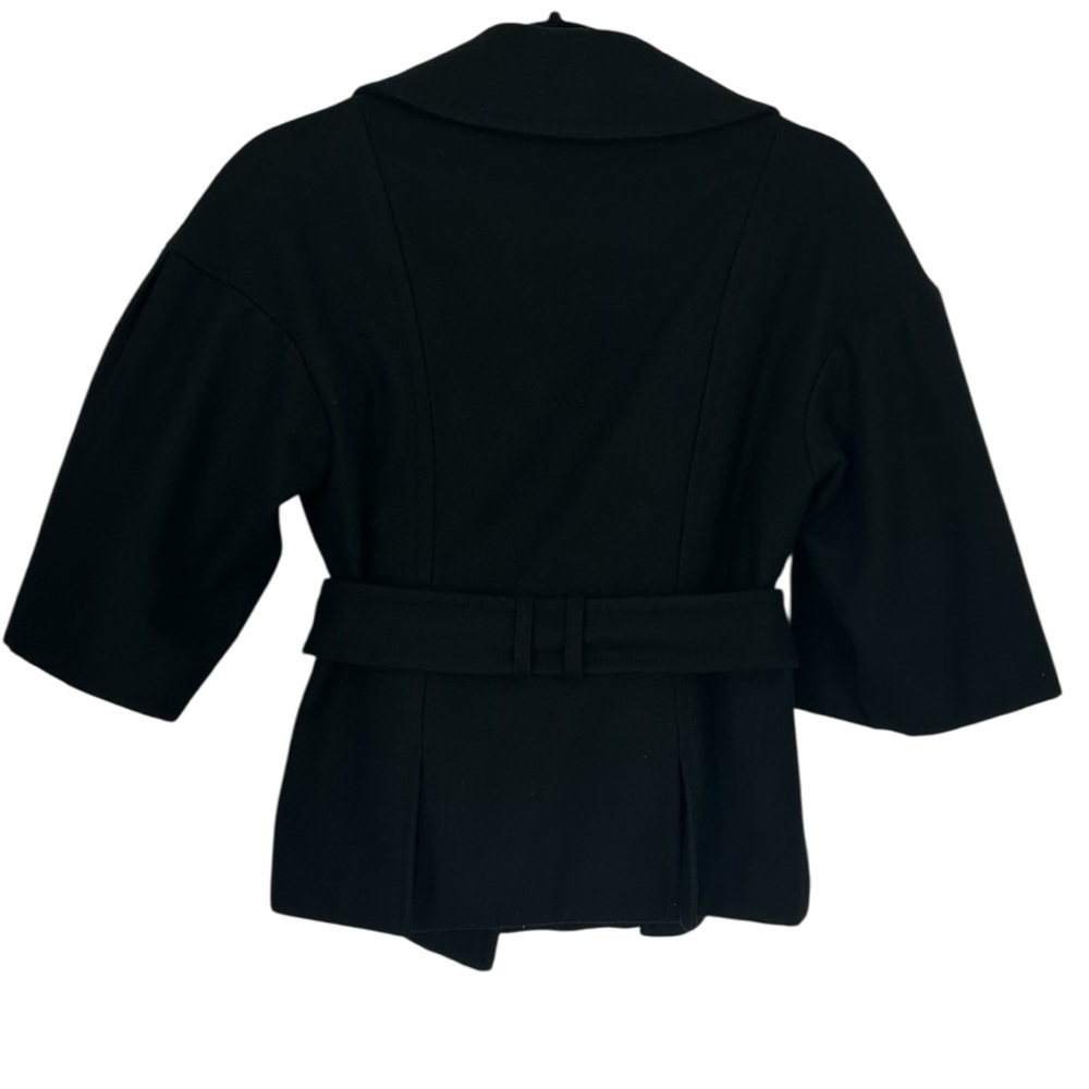GUESS Women’s Dbl Breasted Pea Coat Black Wool Blend Cropped Belt 3/4 Sleeve S/P - Picture 4 of 14